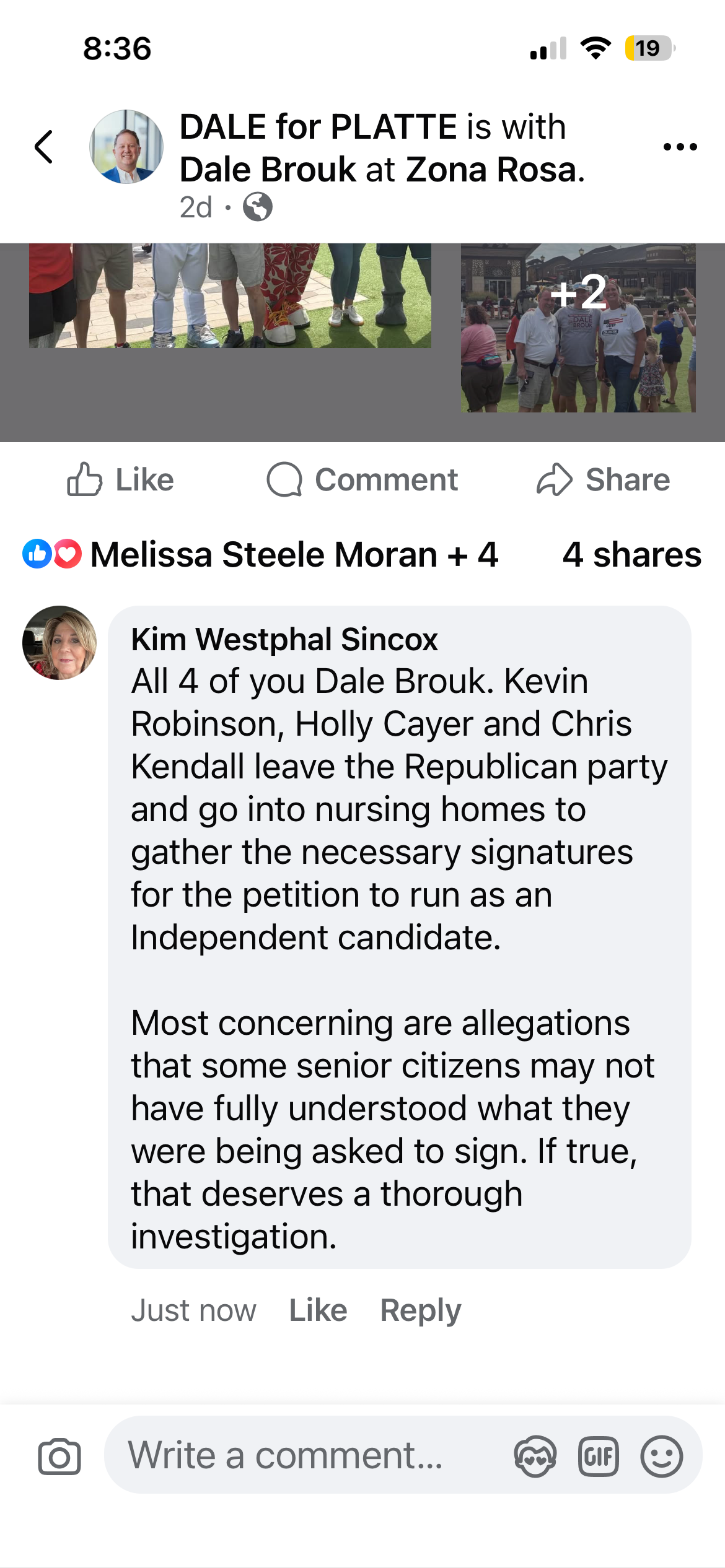 Comment posted to the DALE for PLATTE Facebook page asking about all four candidates leaving the Republican party and gathering petition signatures in nursing homes, and calling for a thorough investigation