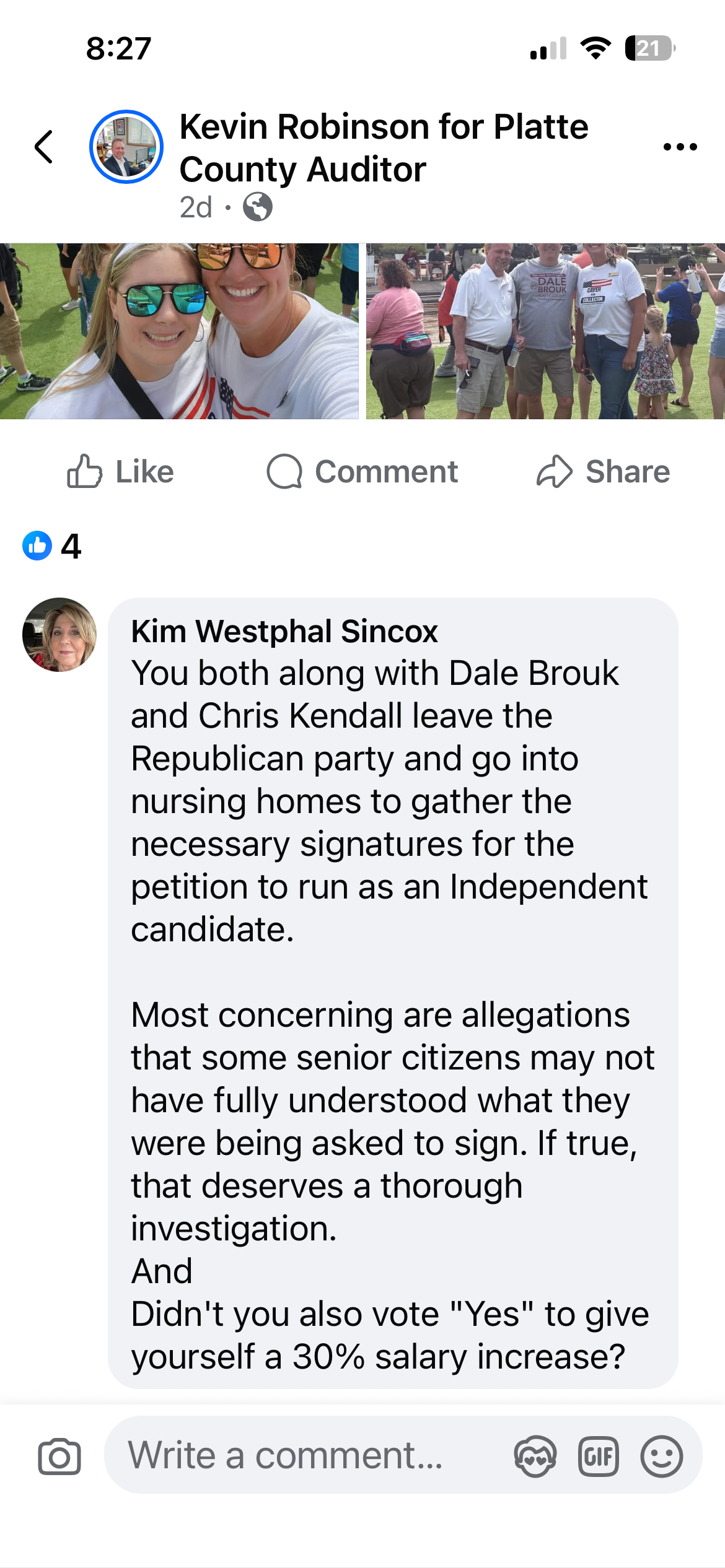 Comment posted to the Kevin Robinson for Platte County Auditor Facebook page asking about the nursing-home petition drive and whether he voted himself a 30 percent salary increase